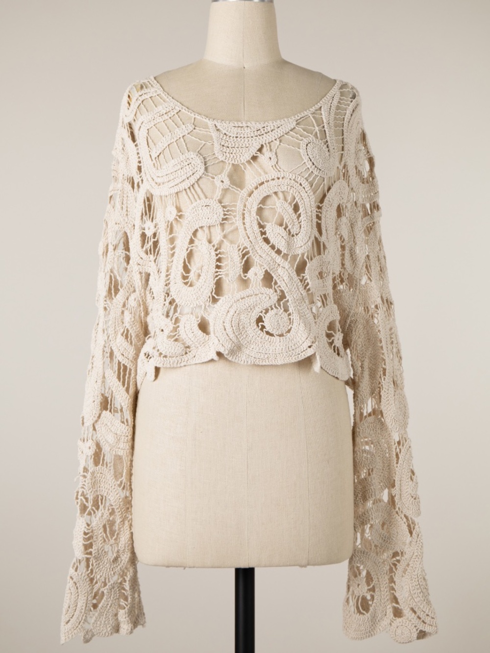 Miracle Cream Coquette Paisley Lace Crochet Semi Sheer Long sleeve Top